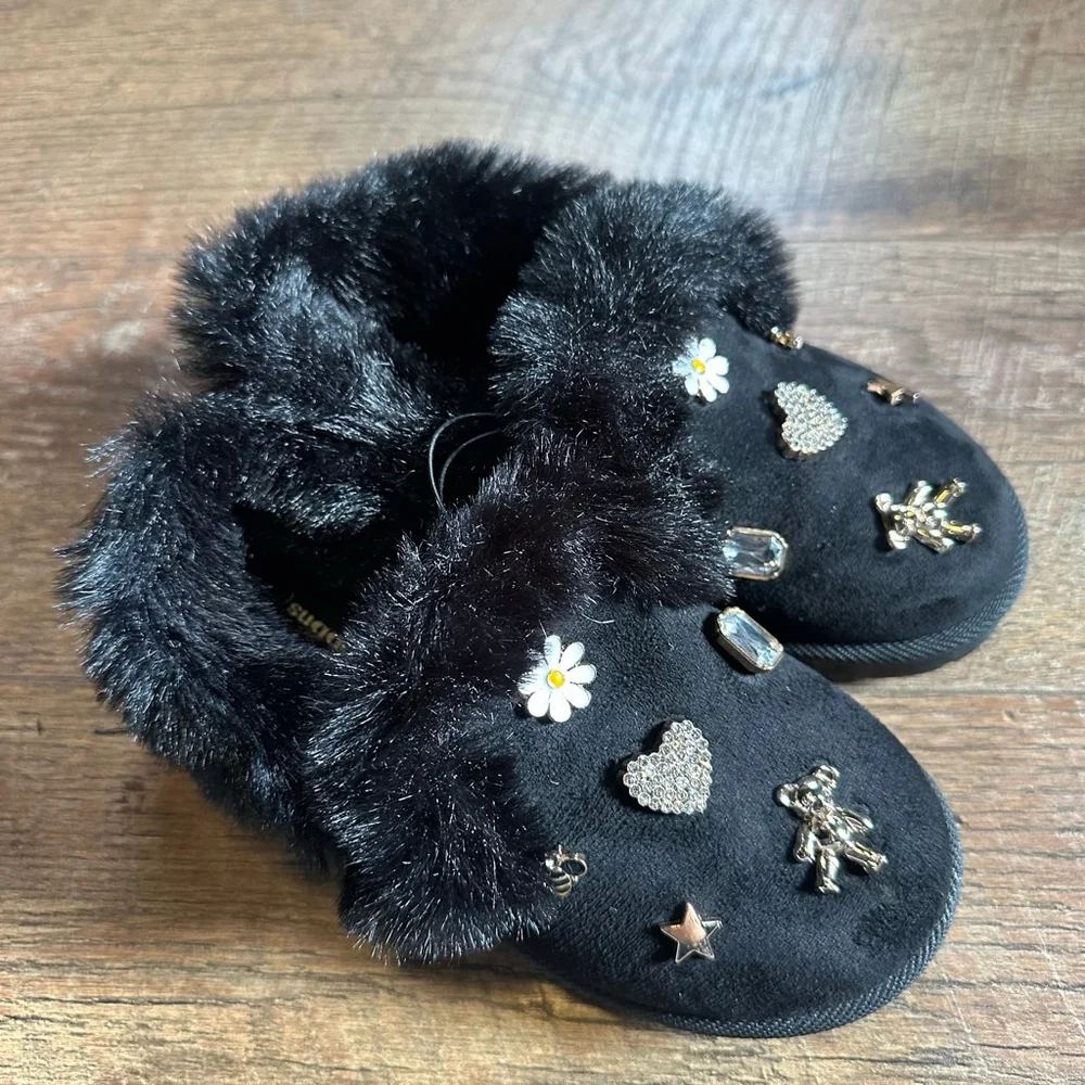 Girls Sugar Kiss Black Faux Fur Slippers with Charms 12 (Toddler Girl)